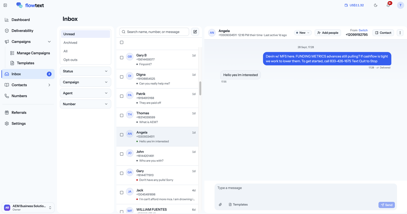 Texting platform conversation dashboard preview